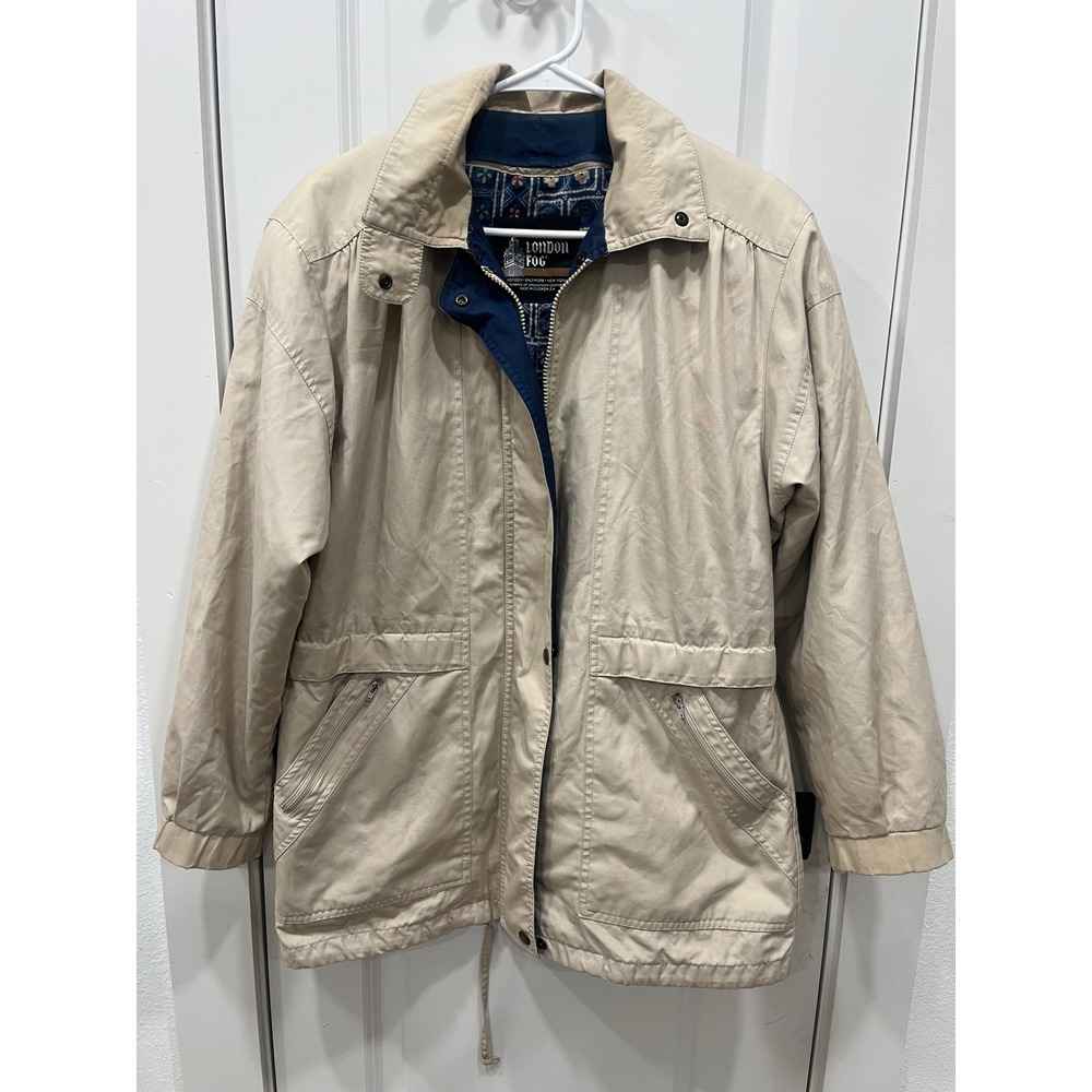 London Fog Men's‎ Beige Zip Up Jacket with Blue Patterned Lining